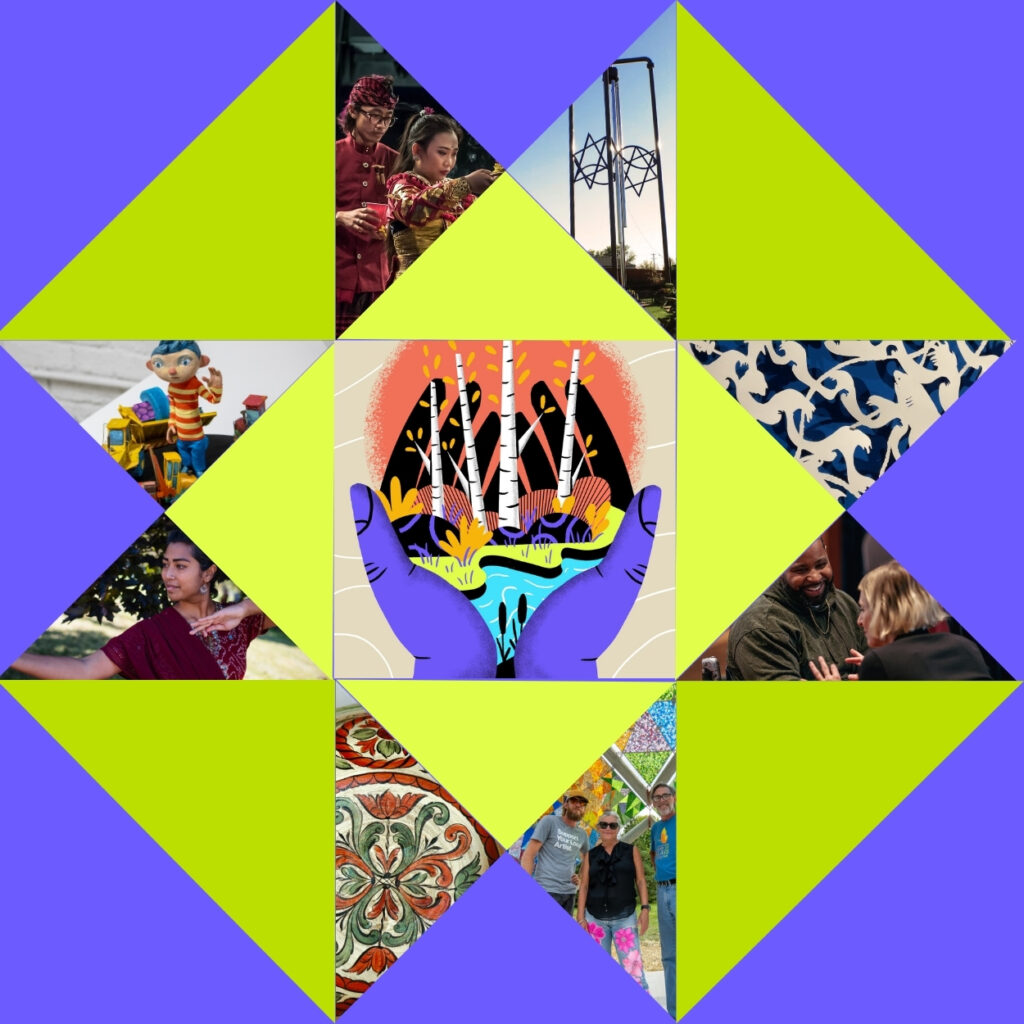A vibrant collage in a quilt pattern. Some triangles are solid blue or green, while other triangle show geometric patterns or photos of artist or community members.