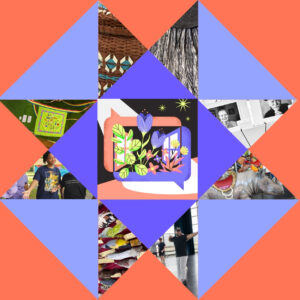 A vibrant collage in a quilt pattern. Some triangles are solid red or blue, while other triangle show photos of artist, community members, or images from past Arts Midwest articles.