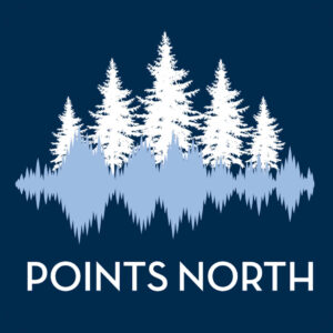 Logo for Points North, featuring a line of pine trees in shades of blue and white.