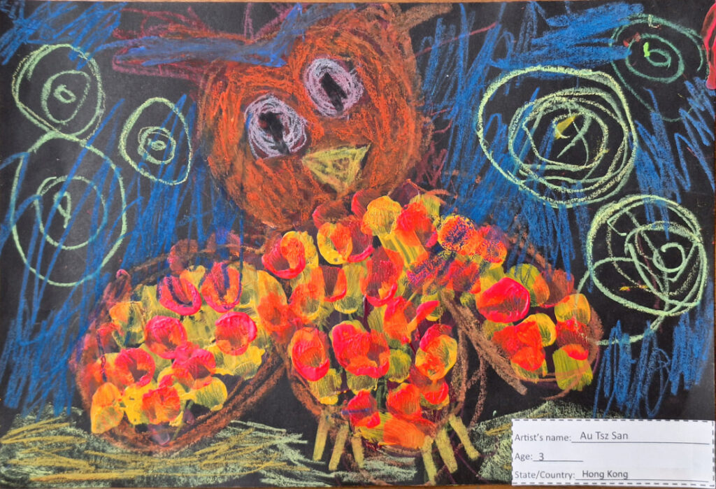 An artwork of a red and yellow owl.