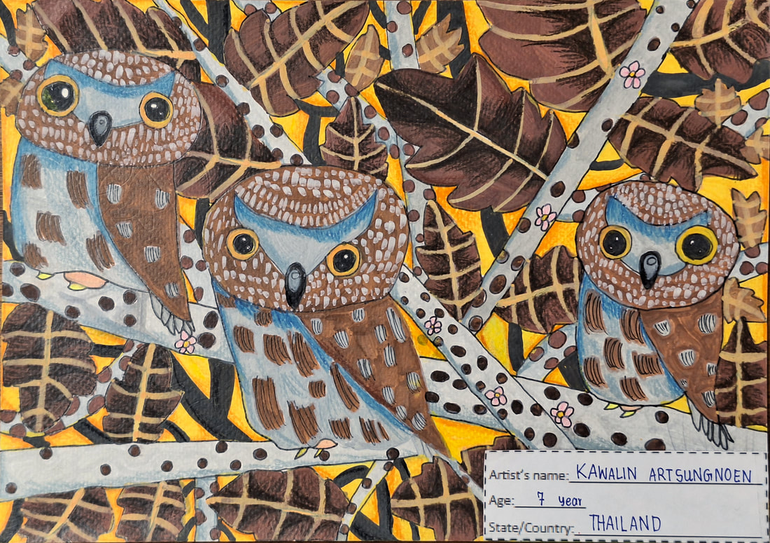 An artwork of three owls, leaves, and trees.