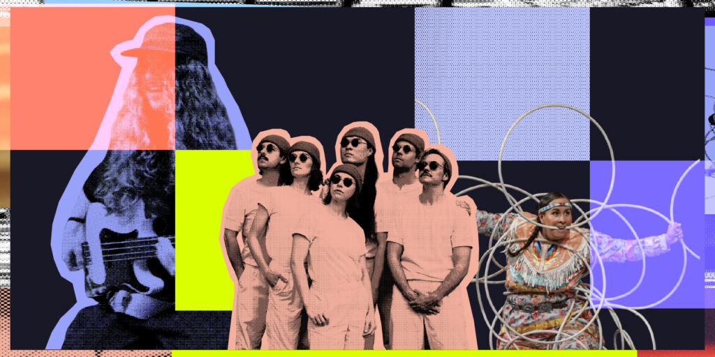 A collage-style image featuring a bassist playing an electric guitar, a group of performers in matching light-colored outfits looking upward, and an Indigenous dancer performing with hoops, layered over bold geometric color blocks.