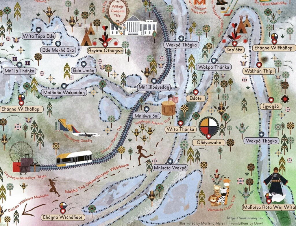 Illustrated map featuring landmarks labeled in Dakota language.