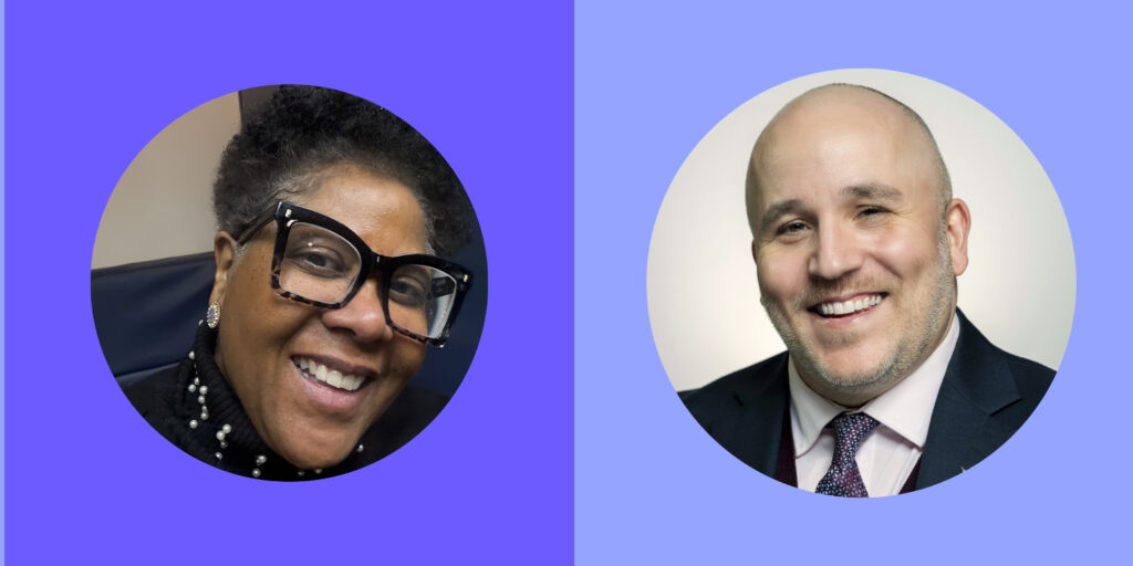 Two headshots, one of a black woman and one of a bald white man.