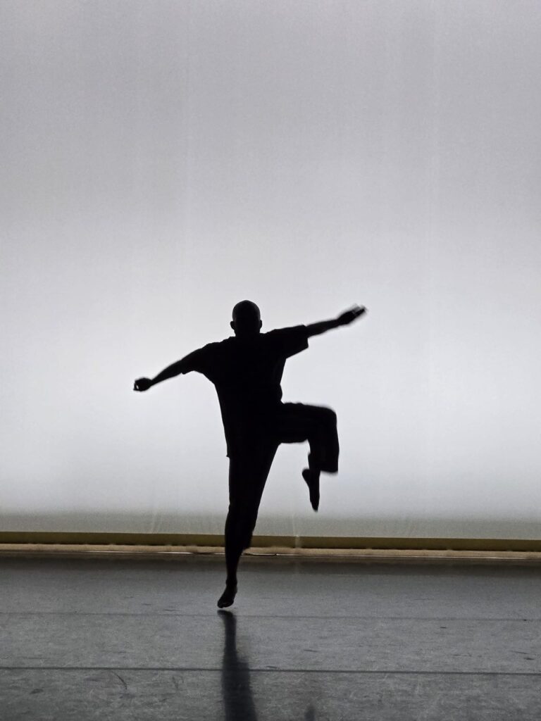 The silhouette of a dancer balancing on one foot with arms outstretched and one knee raised, set against a pale gray backdrop on a dark stage floor.