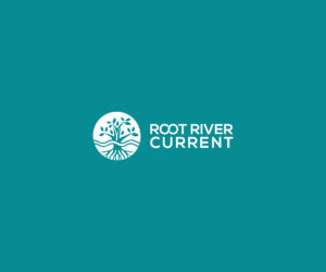 A white text logo for Root River Current with a tree against a blue-green background.