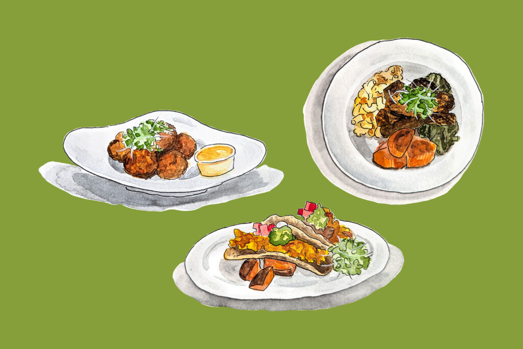 A green background featuring three watercolor illustrations of soul food meals.