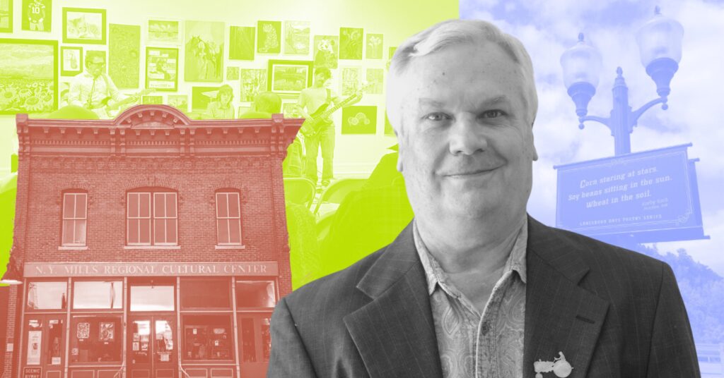 A collage image featuring rural arts leader John Davis smiling at the camera. Behind him, layers of color-tinted photos show the N.Y. Mills Regional Cultural Center building, a gallery wall filled with artwork and musicians performing, and a Lanesboro streetlamp displaying a poetry sign. The background is stylized in bright green, yellow, red, and blue tones.