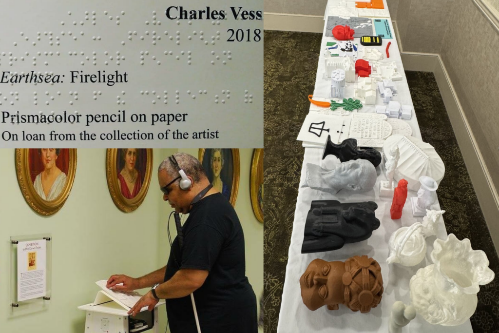 Three compiled images of a Braille museum placard, a person interacting with museum portraits using audio equipment, and a table of 3D printed museum materials.