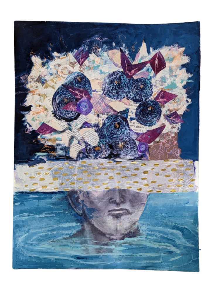 A mixed media piece of a person's head sticking out of water with eyes covered by a streak of white and gold, with a collage of flowers and text making up the hair.