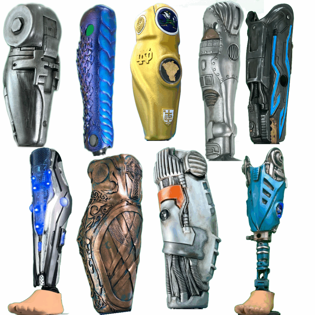 A collection of ten custom prosthetic leg covers displayed in two rows. Each socket is decorated with unique designs, ranging from metallic sci-fi and robotic styles to steampunk and fantasy motifs. The covers feature bright colors like blue, gold, and silver, as well as textured details such as glowing lights, gears, embossed patterns, and sculptural ridges. Two of the prosthetics are shown attached to model feet, while the rest are photographed as standalone sockets.