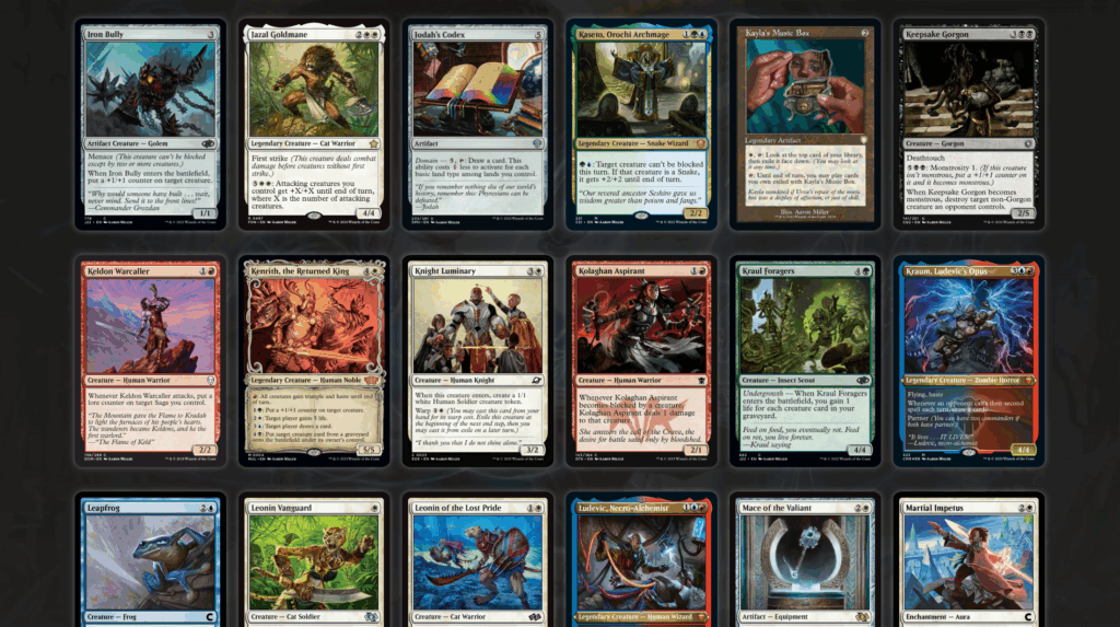A screenshot of multiple playing cards with different colorful images on them.