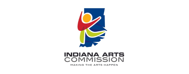 The logo for the Indiana Arts Commission: a blue outline of the state of Indiana overlaid with an abstract human figure. The slogan is below the title: "Making the Arts Happen."