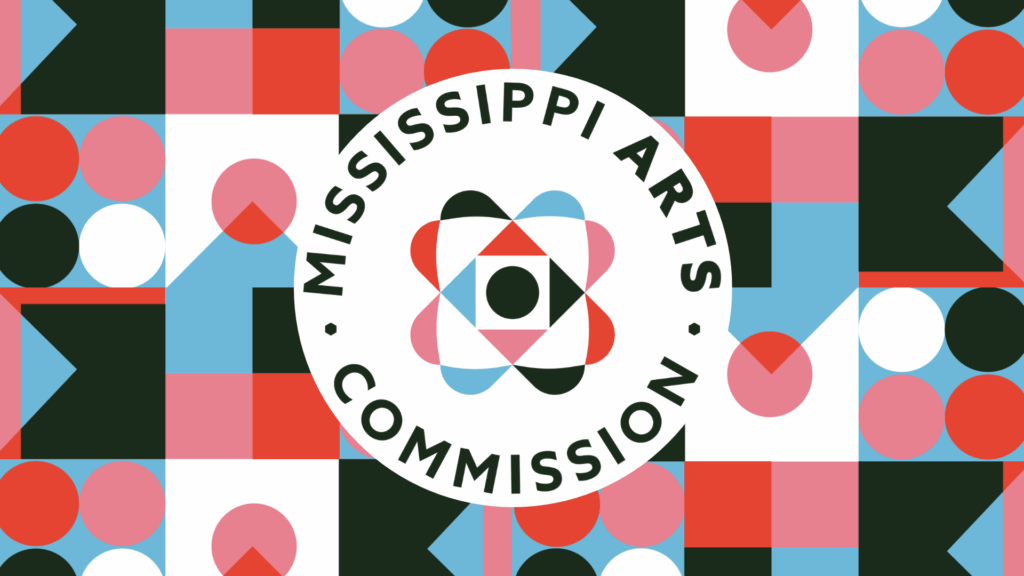 The logo for the Mississippi Arts Commission. There is a geometric pattern in a x-shape with a circle in the middle. The brand colors are pink, red, blue, and black.