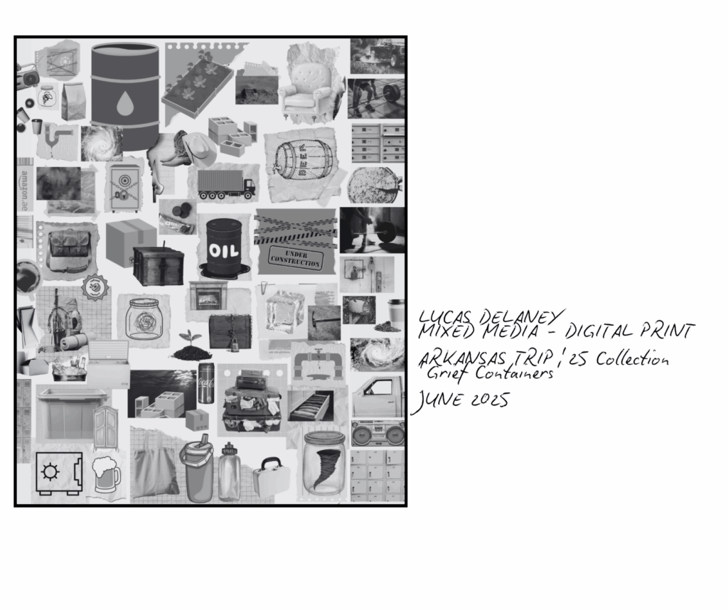 A black-and-white collage of containers including jars, boxes, barrels, and cups, as well as barbells, a pizza, a sapling in dirt, and more.