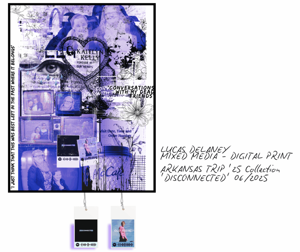 A purple, black, and white collage featuring a woman with long hair and glasses as well as a heart, the name Kaitlyn Kelly, and images of flowers, an eye, and the McDonald's logo. Two tags with Spotify links are attached, leading to "Old Phone" by Ed Sheeran and "Disconnected" by Anna Clendening.